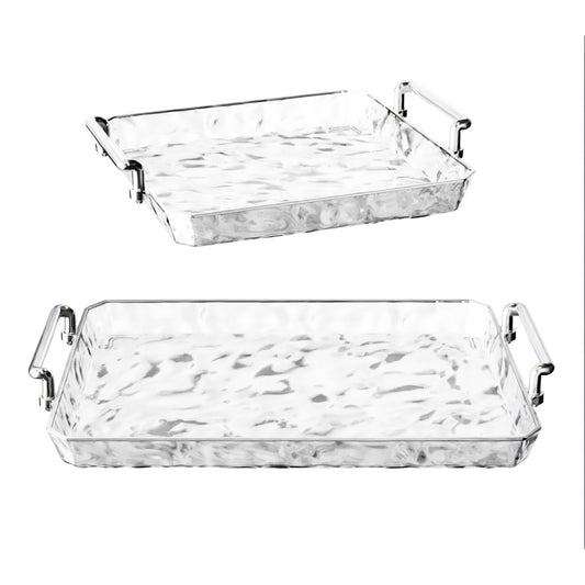 2 Piece Clear Rectangular Serving Tray with Metal Handles