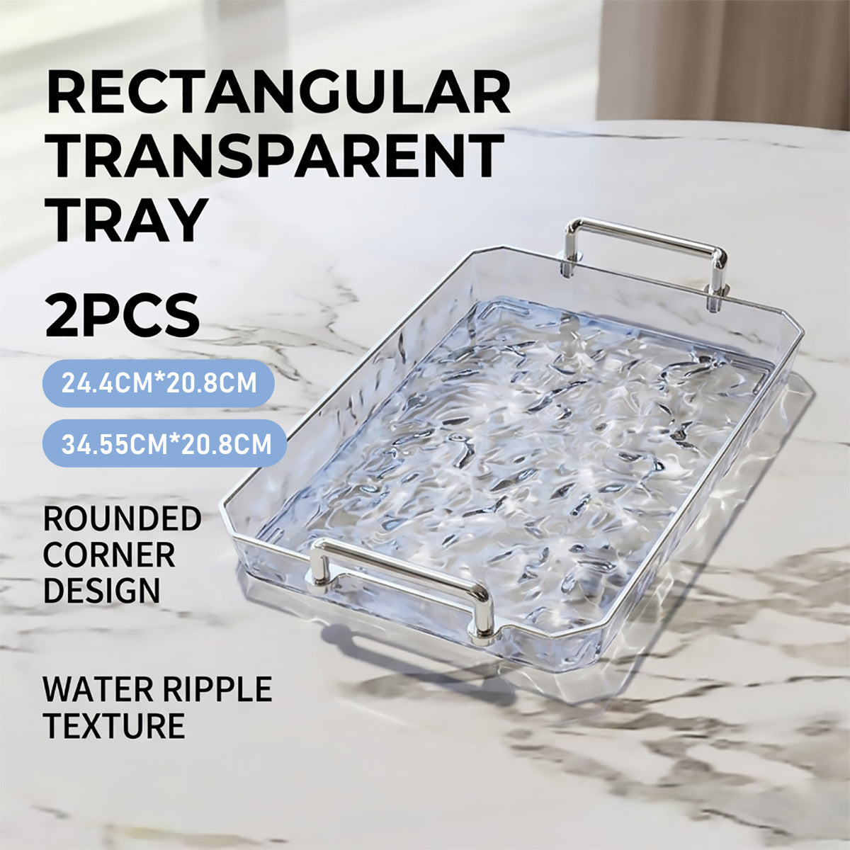 2 Piece Clear Rectangular Serving Tray with Metal Handles
