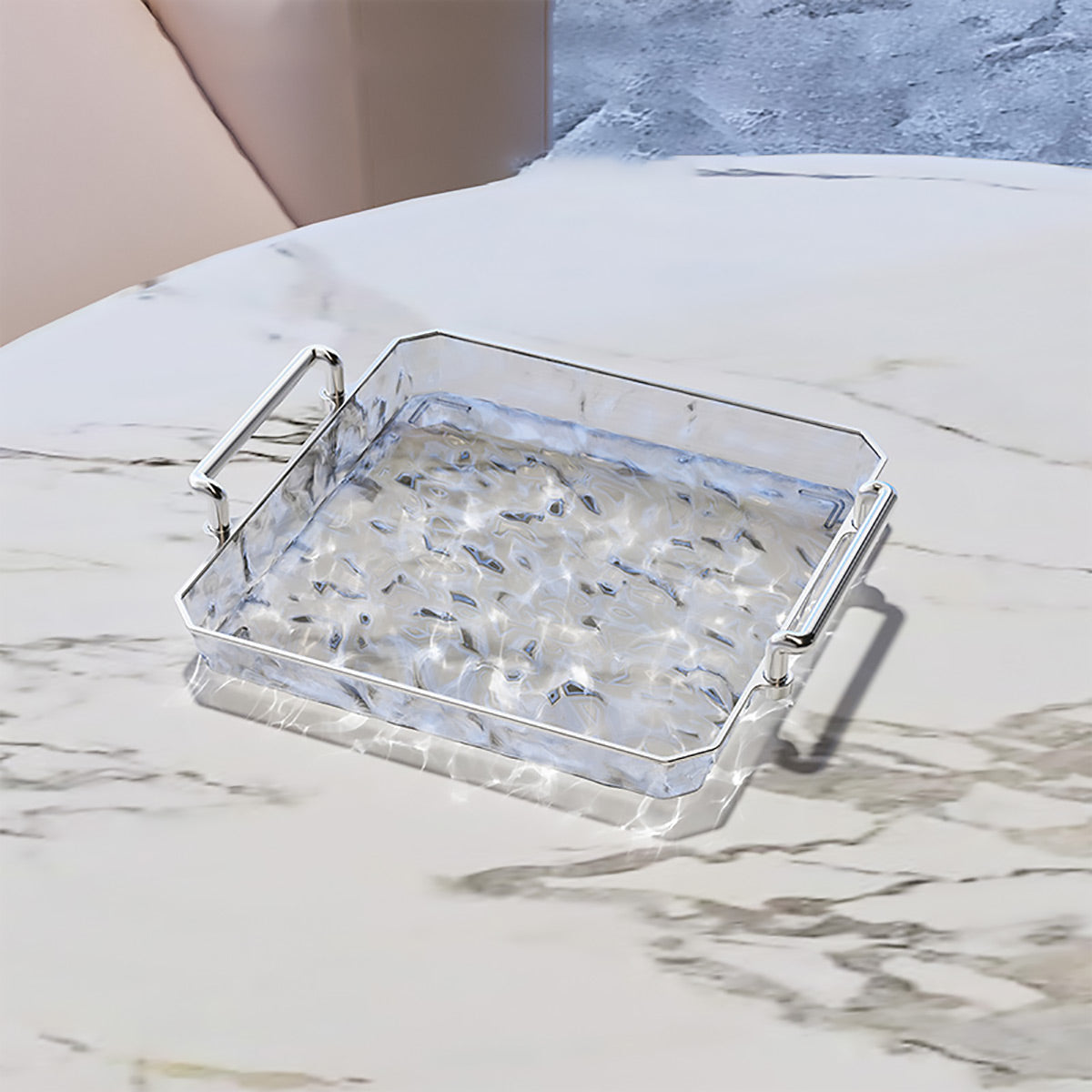 2 Piece Clear Rectangular Serving Tray with Metal Handles