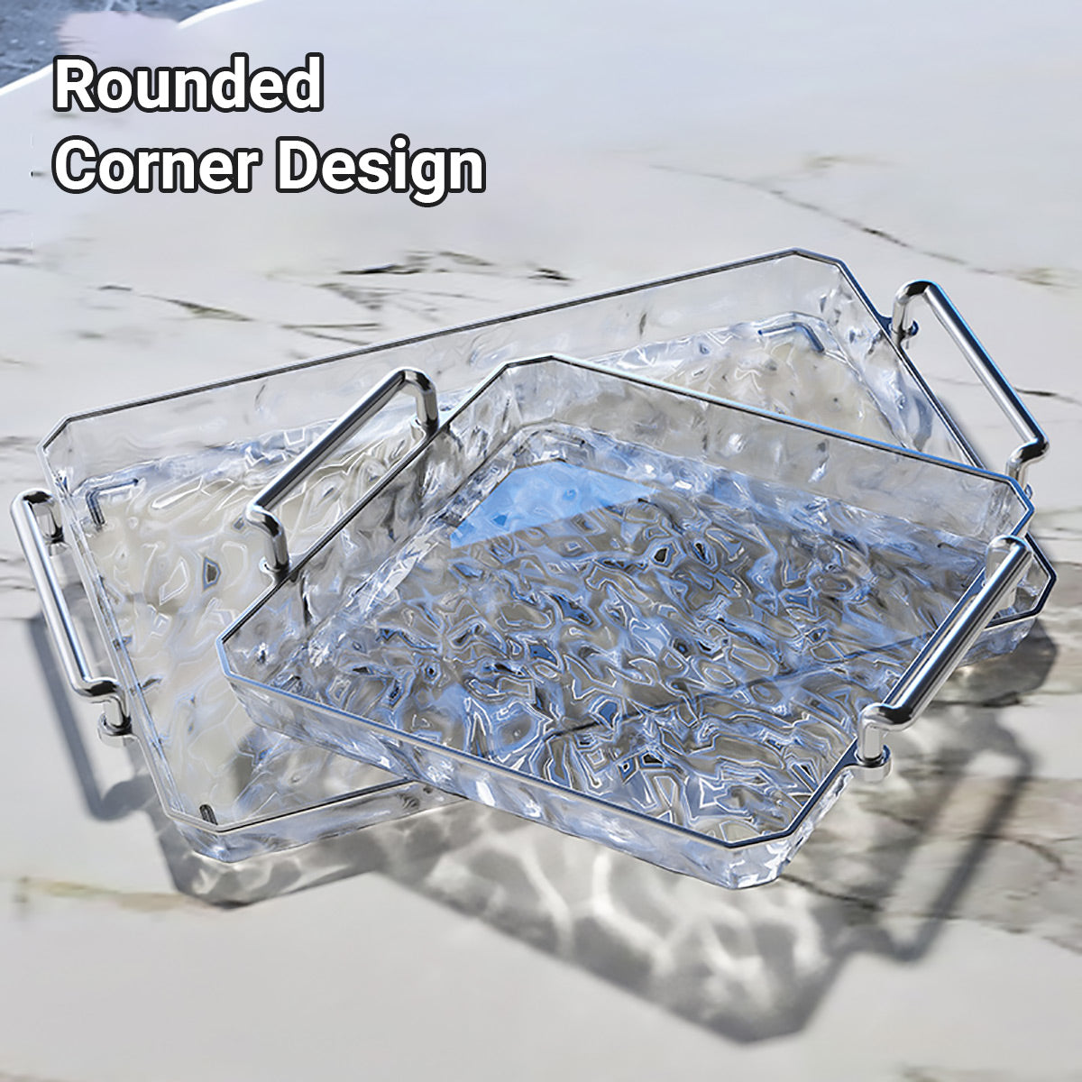 2 Piece Clear Rectangular Serving Tray with Metal Handles