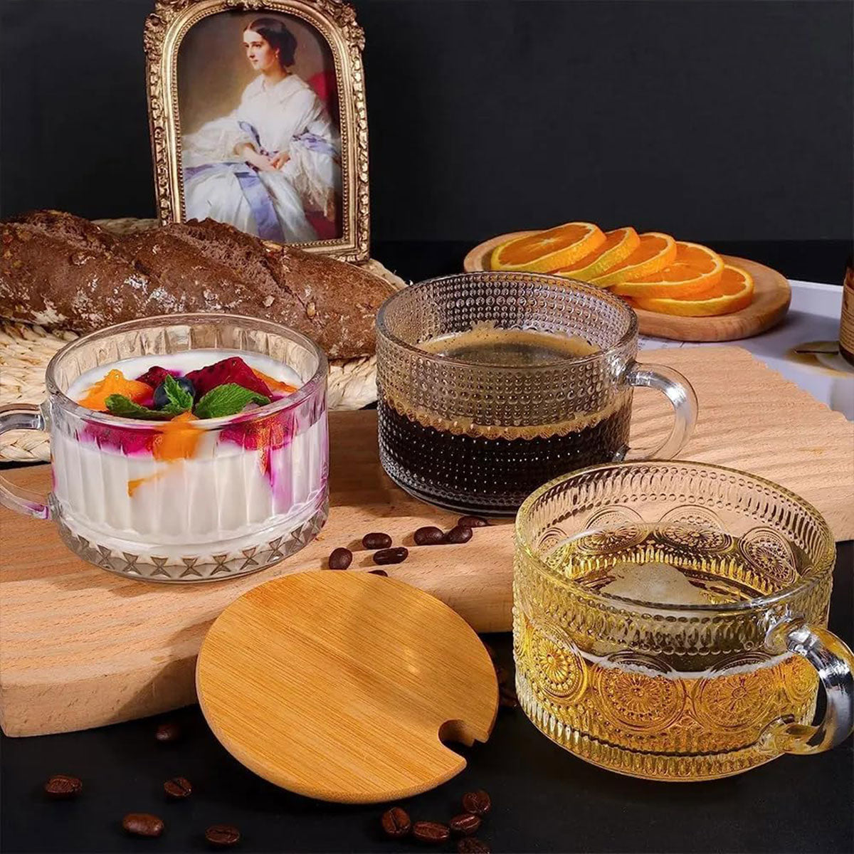 4PCS Vintage Embossed Glass Coffee Cups 14oz with Lid and Spoon for Tea Milk AU