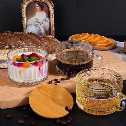 4PCS Vintage Embossed Glass Coffee Cups 14oz with Lid and Spoon for Tea Milk AU