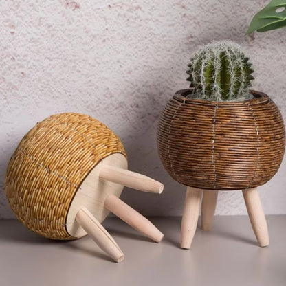 Indoor Rattan Trellis Planter Tabletop Plant Container Straw Planter for Home