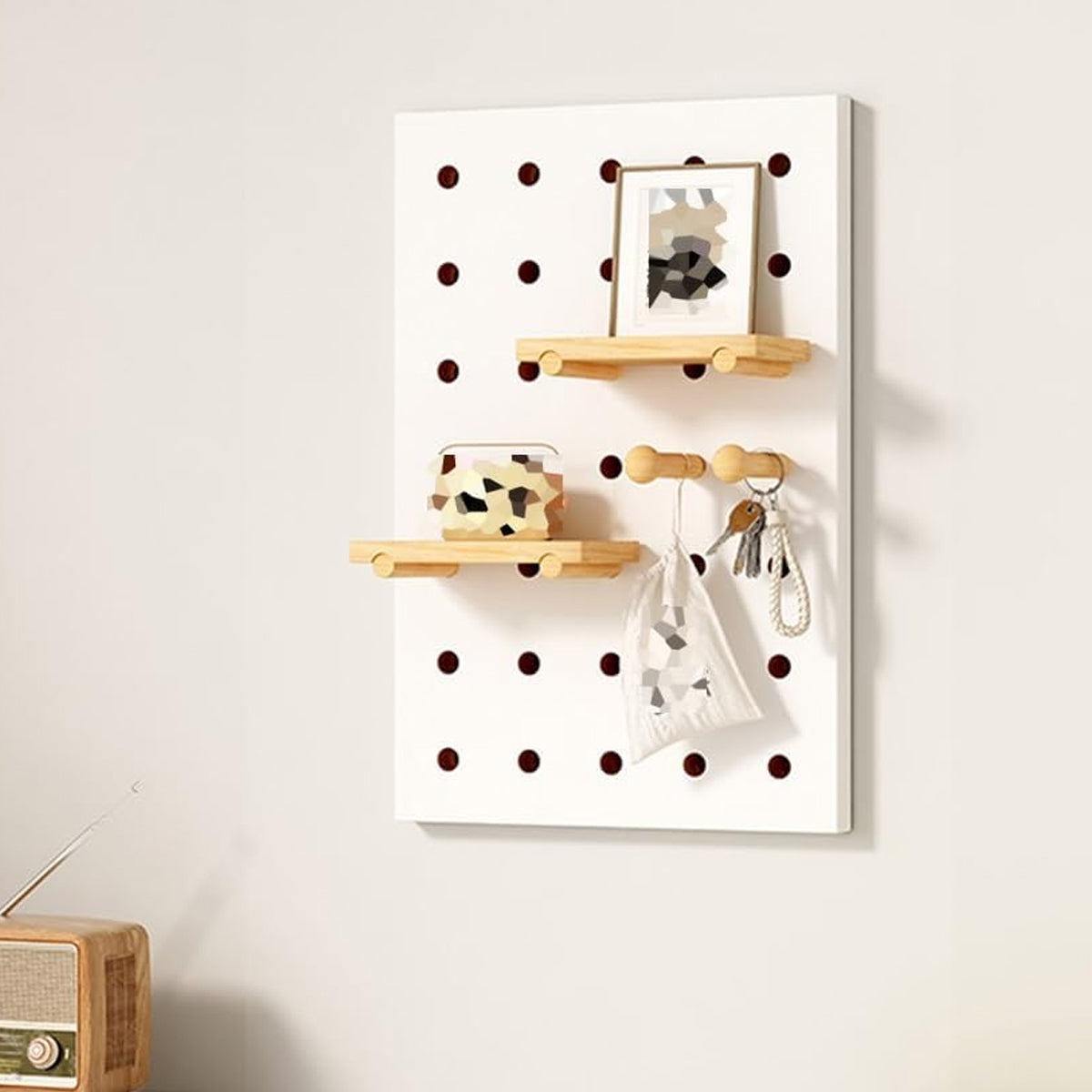Wall Mounted Pegboard Shelf with Wooden Hooks – Product View 6