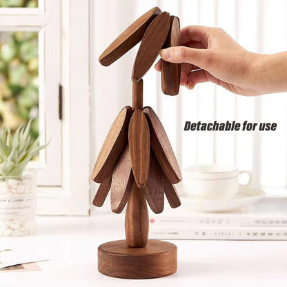 Solid Walnut Wood Christmas Tree Trivet Heat-Resistant Coaster Set