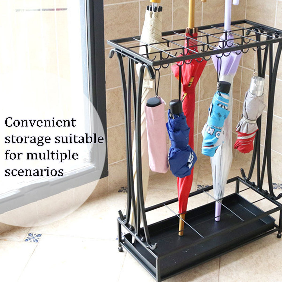 Wrought Iron Umbrella Storage Rack with Water Tray 50x24x70cm