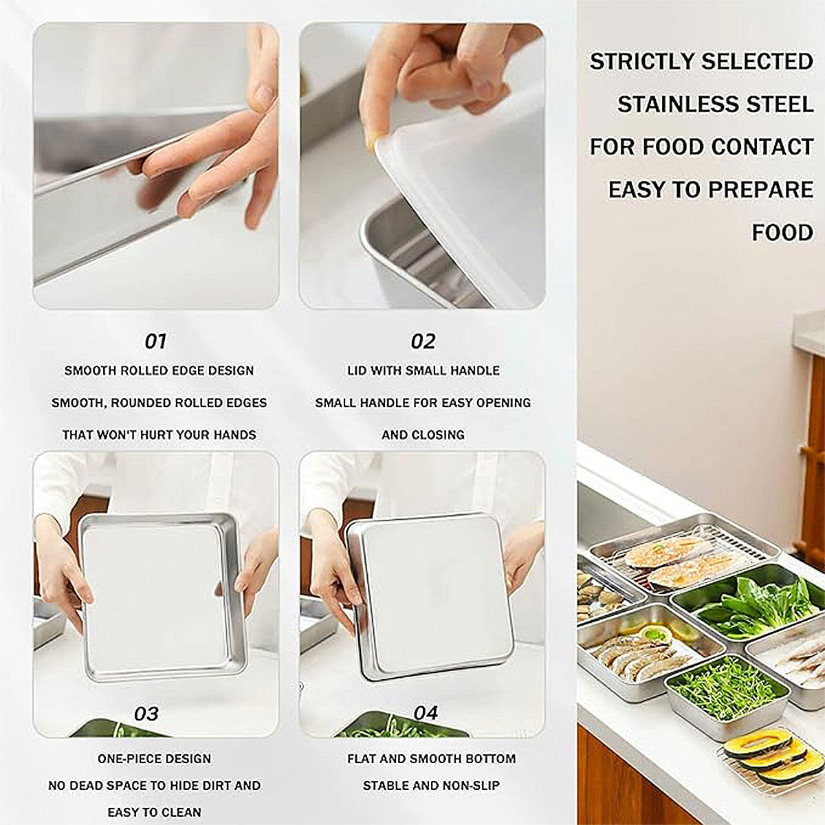 2PCS Stainless Steel Square Food Tray With Lid Rectangular Storage Box Plate AU