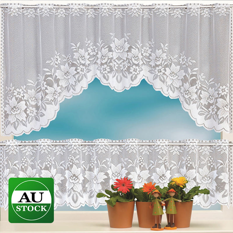 2PCS/Set White Lace Kitchen Home Window Cafe Curtain w Scallope Edge 160cm Wide
