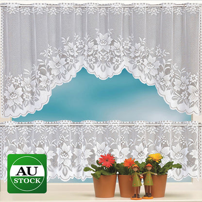 2PCS/Set White Lace Kitchen Home Window Cafe Curtain w Scallope Edge 160cm Wide