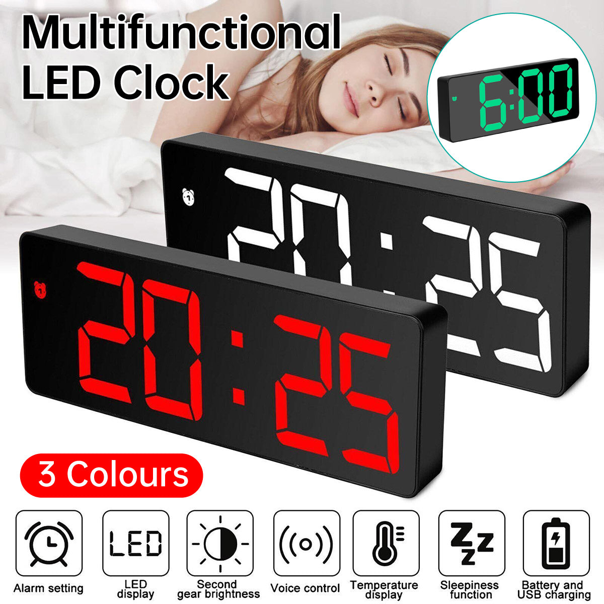 LED Digital Alarm Clock Large Display Dual Power Options Home Office Decor AU
