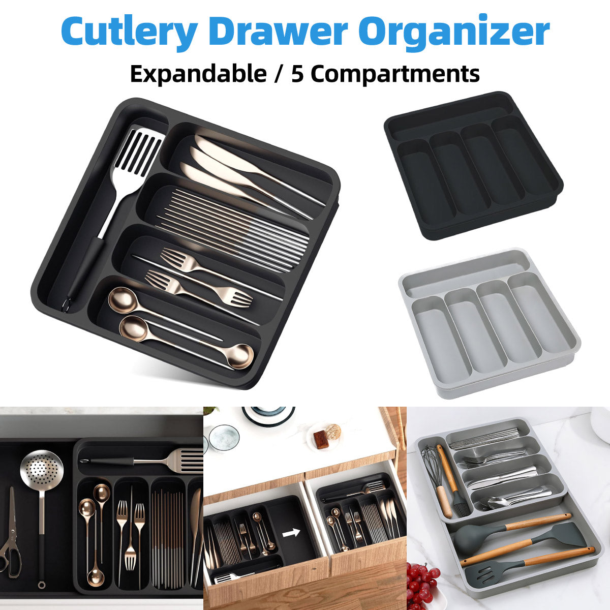 Expandable Cutlery Drawer Organizer Adjustable Kitchen Utensil Tray