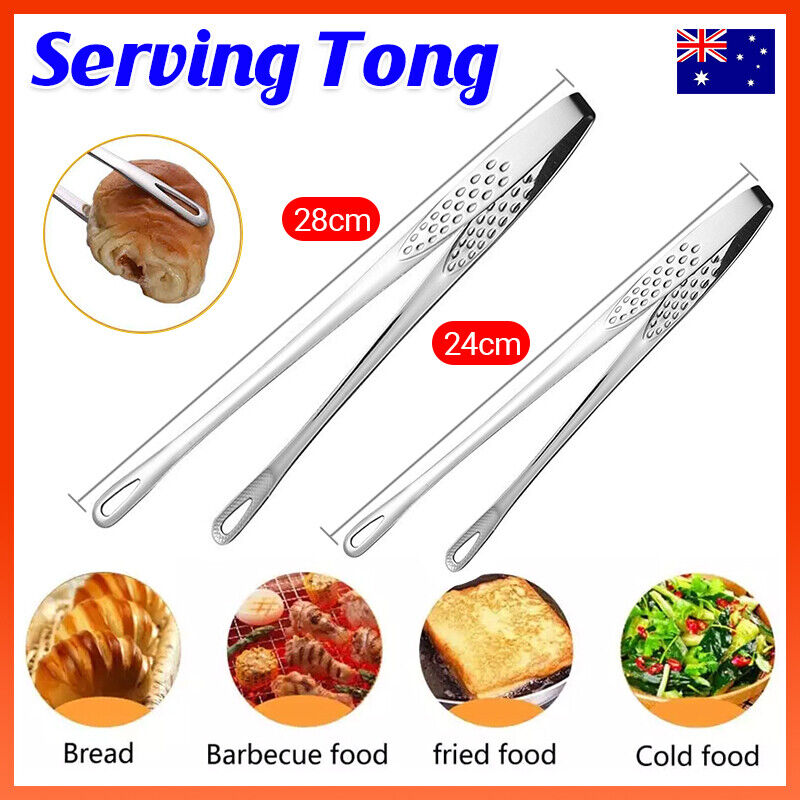 24/28cm Stainless Steel Straight Grill Tongs for Kitchen BBQ Buffet