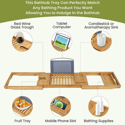 Expandable Bamboo Bath Caddy Tray with Book and Wine Holder