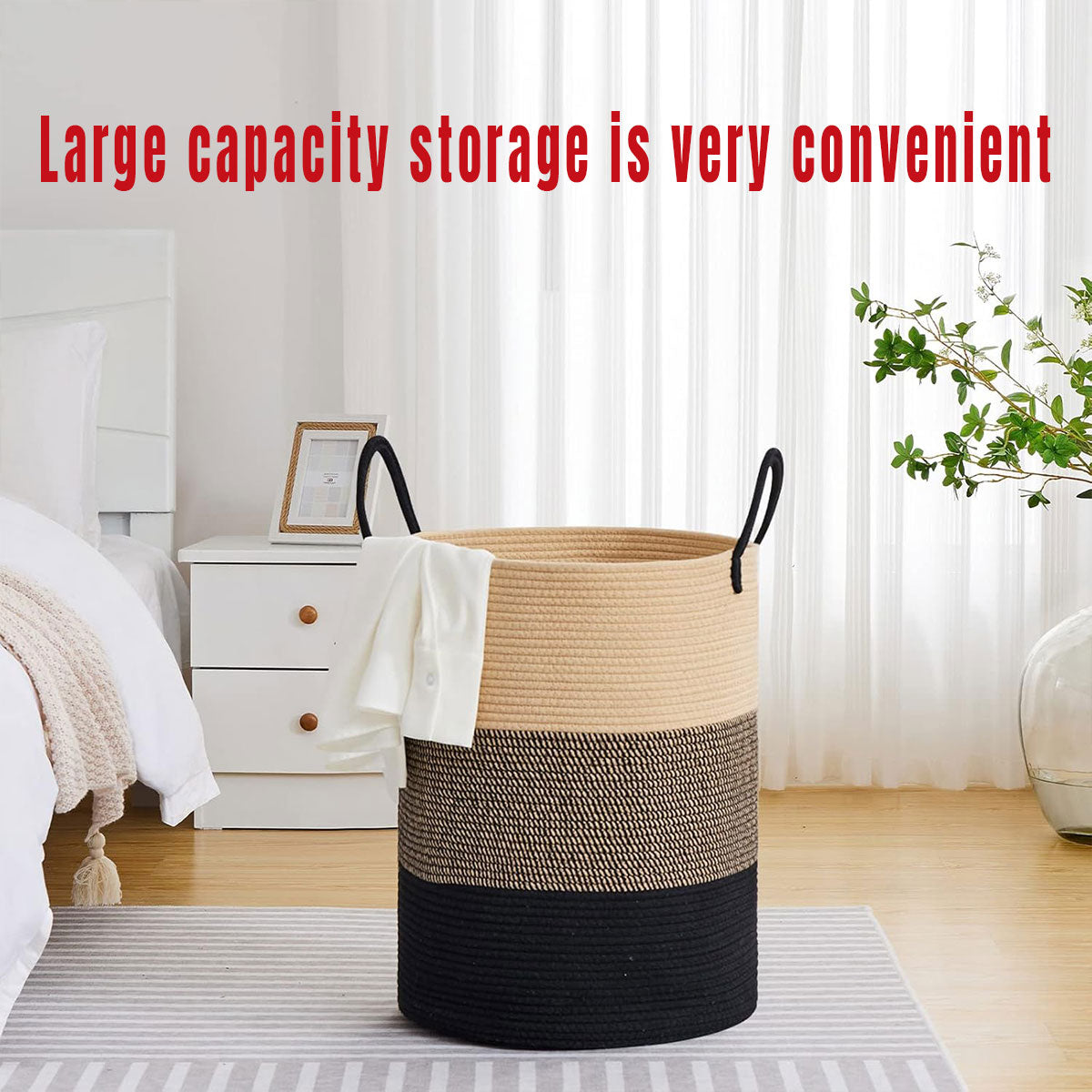 Woven Cotton Rope Storage Basket Foldable Laundry Bin Bamboo Clothes Organizer