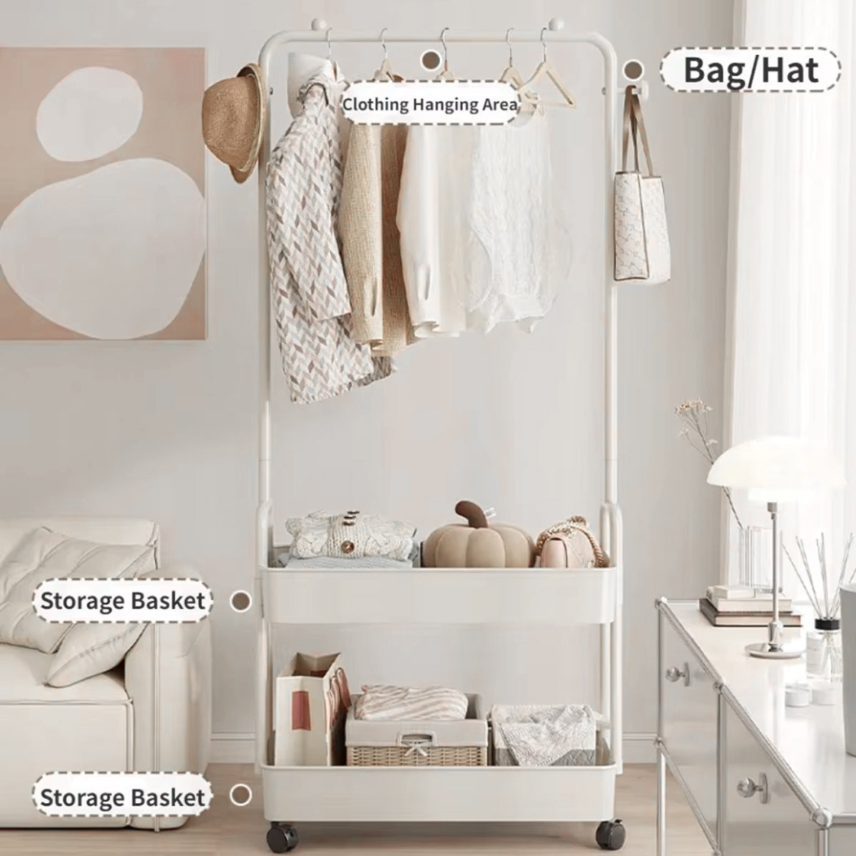 Multipurpose Clothing Rack with Wheels Rolling Wardrobe Organizer for Clothes