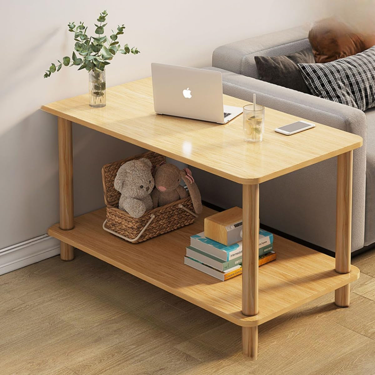 Two-Tier Mini Side Table Wood Grain Compact Storage