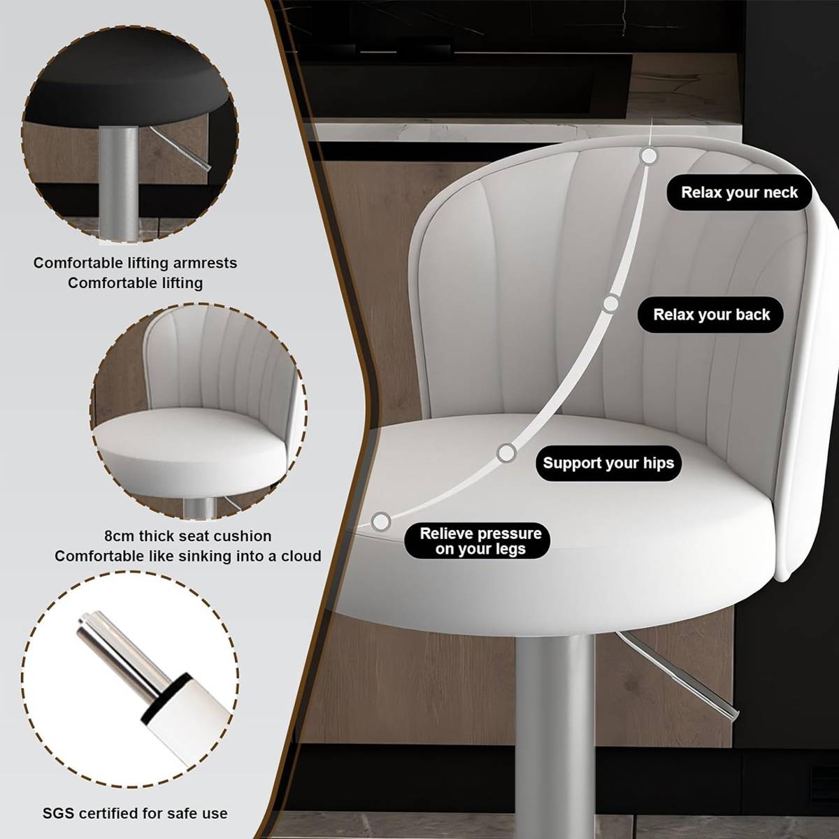 Bar Stool Adjustable Height Modern PU Leather Seat Metal Frame for Kitchen Bar