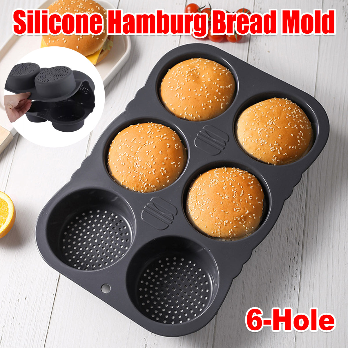 Silicone Hamburger Bun Pan Non-Stick Bread Mold, 6 Cavity
