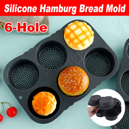 Silicone Hamburger Bun Pan Non-Stick Bread Mold, 6 Cavity