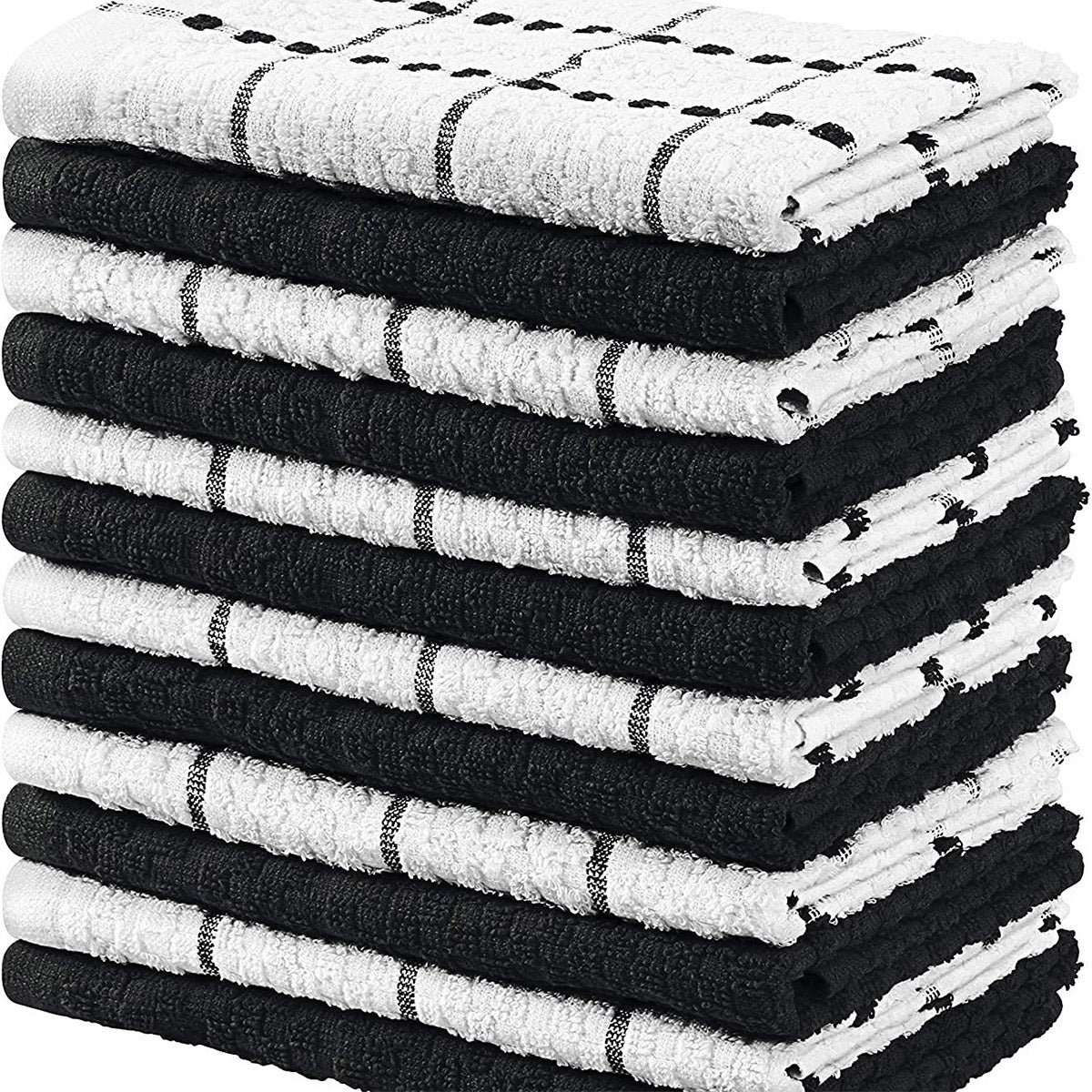 12PCS Cotton Dish Towel Set Black White Checkered Kitchen Cloths