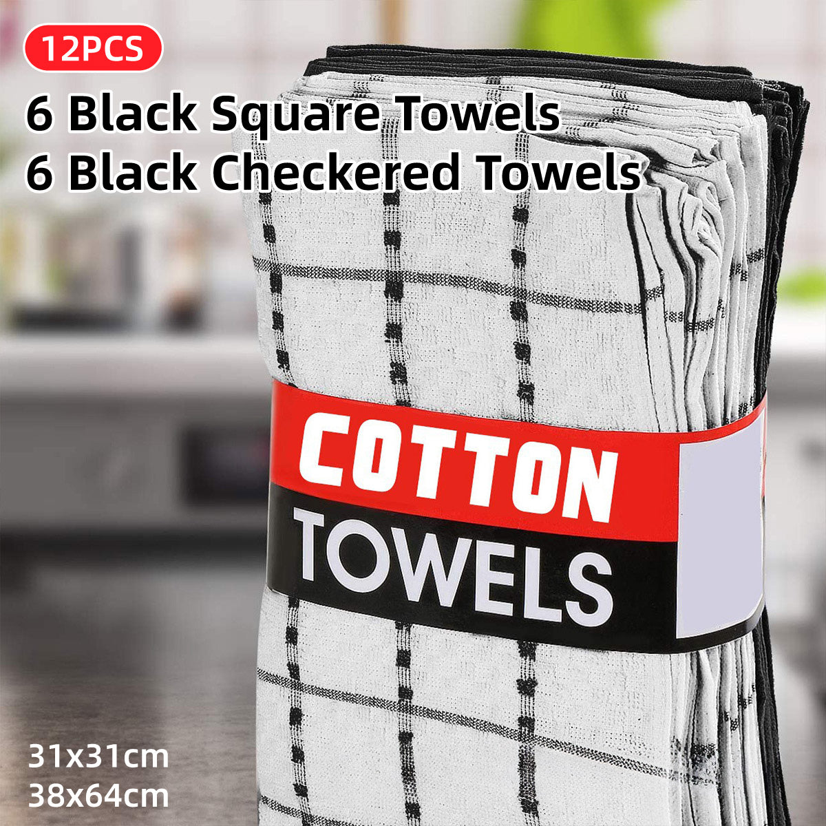 12PCS Cotton Dish Towel Set Black White Checkered Kitchen Cloths