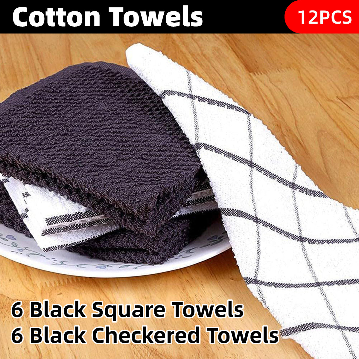 12PCS Cotton Dish Towel Set Black White Checkered Kitchen Cloths