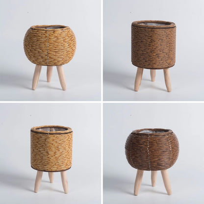 Indoor Rattan Trellis Planter Tabletop Plant Container Straw Planter for Home