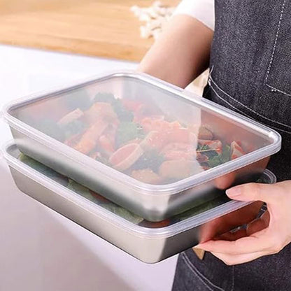 2PCS Stainless Steel Square Food Tray With Lid Rectangular Storage Box Plate AU