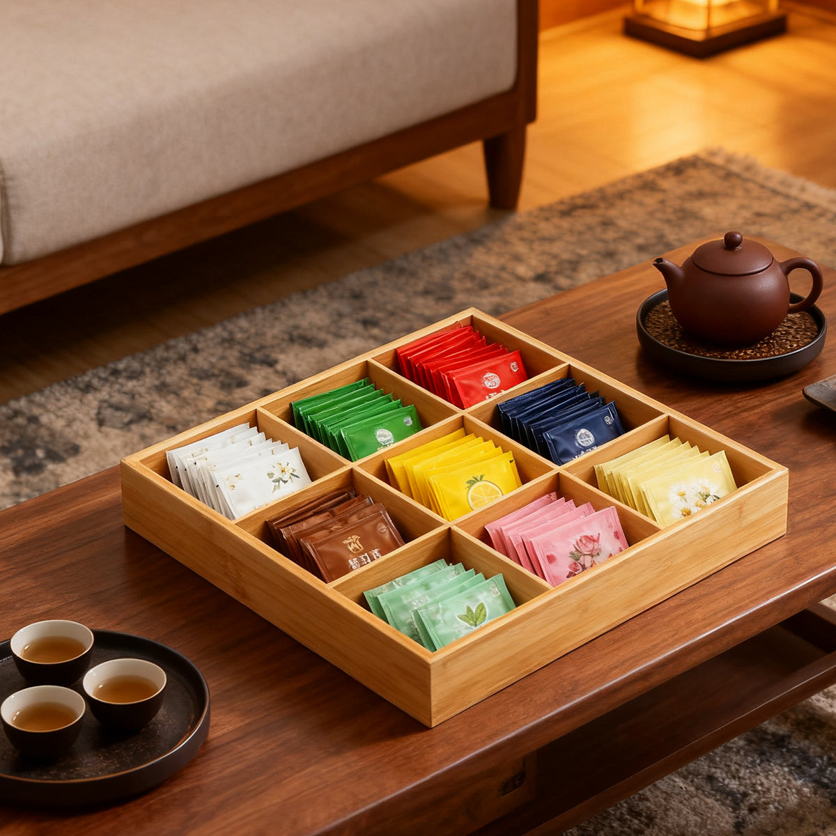 Bamboo 9 Grid Serving Tray Divided Food Platter for Hotel