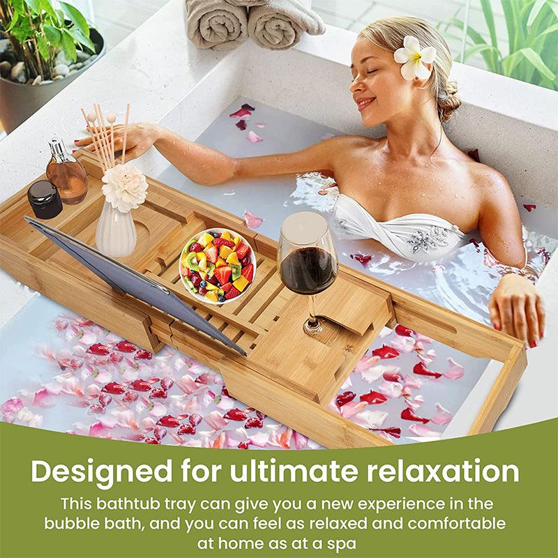 Expandable Bamboo Bath Caddy Tray with Book and Wine Holder