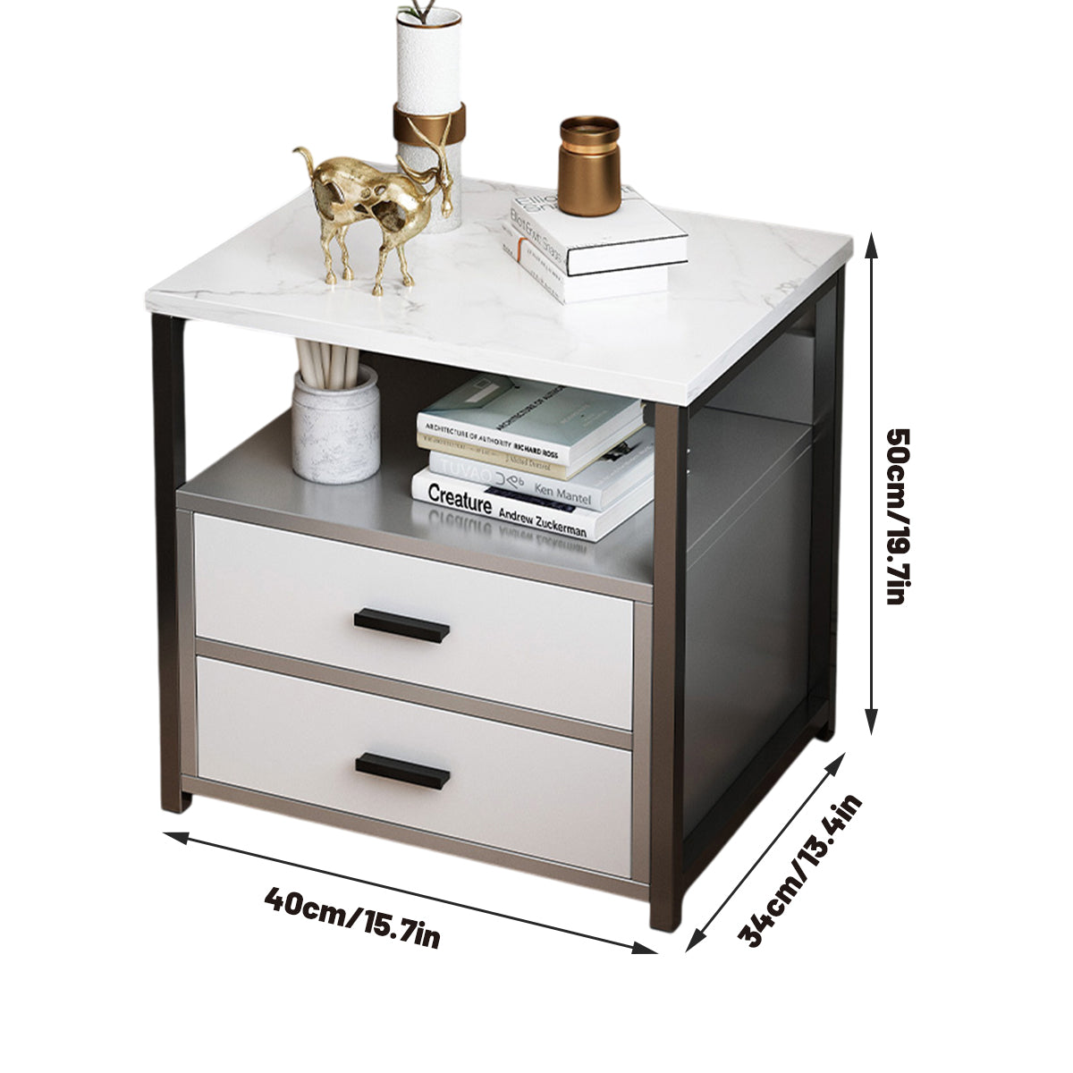 Marble-Look Bedside Table with Two Drawers Metal Frame