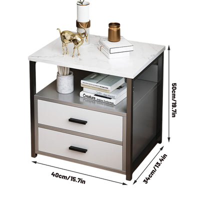 Marble-Look Bedside Table with Two Drawers Metal Frame