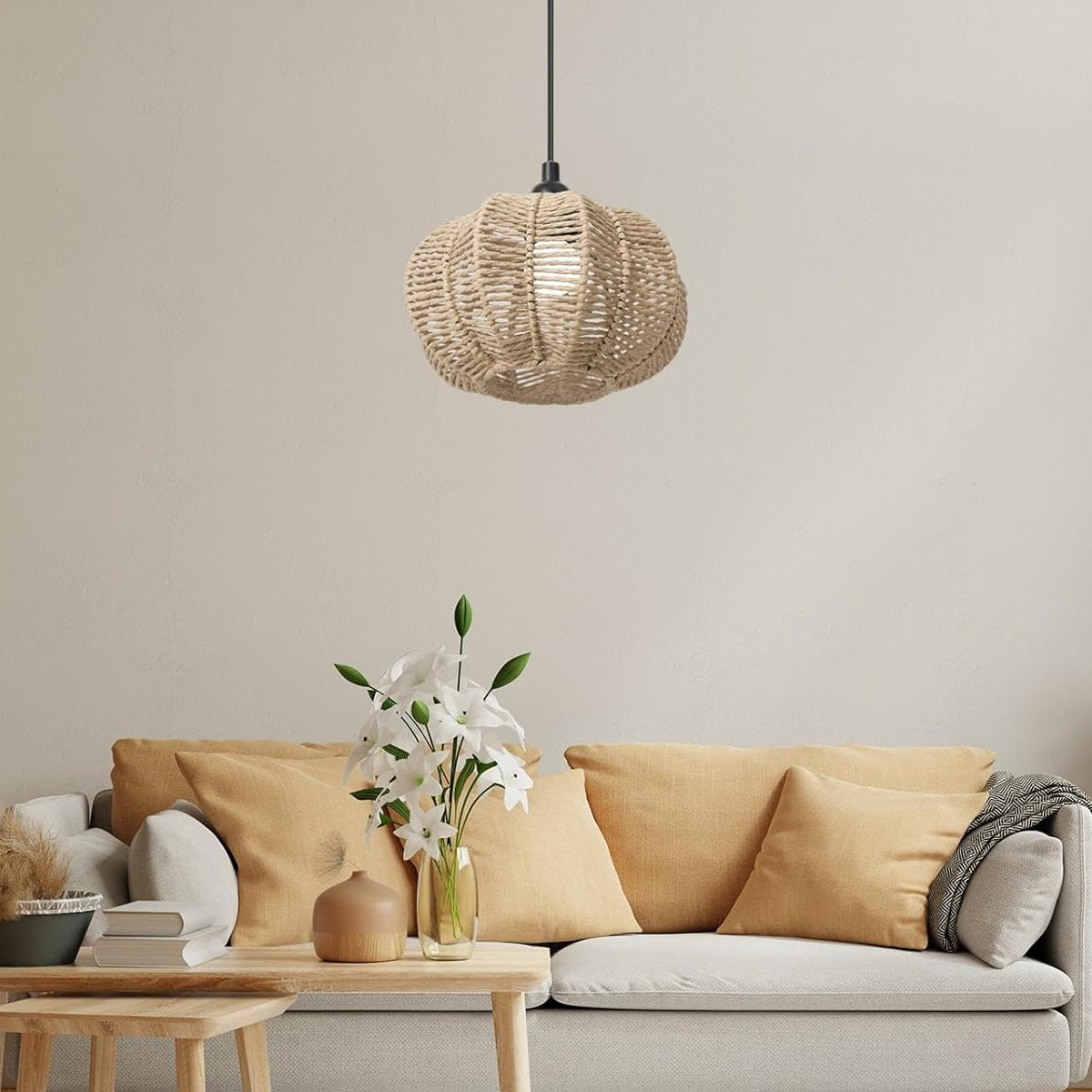 Handwoven Paper Rope Pendant Lampshade Pastoral Style 23cm