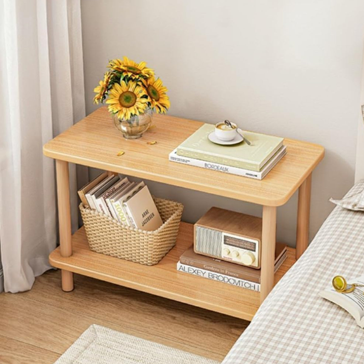 Two-Tier Mini Side Table Wood Grain Compact Storage
