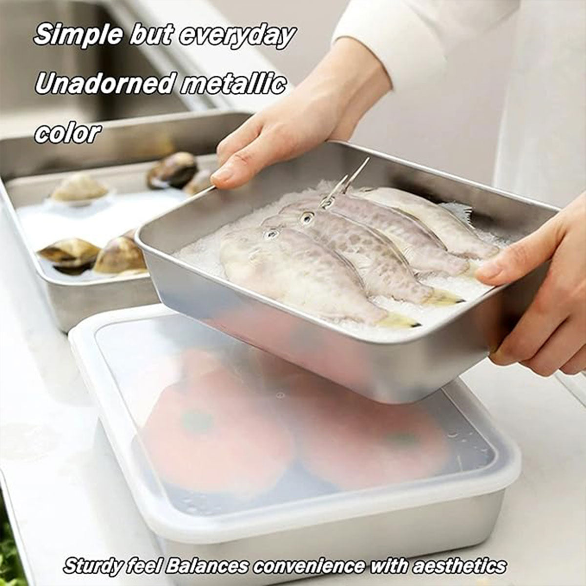 2PCS Stainless Steel Square Food Tray With Lid Rectangular Storage Box Plate AU