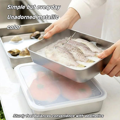 2PCS Stainless Steel Square Food Tray With Lid Rectangular Storage Box Plate AU