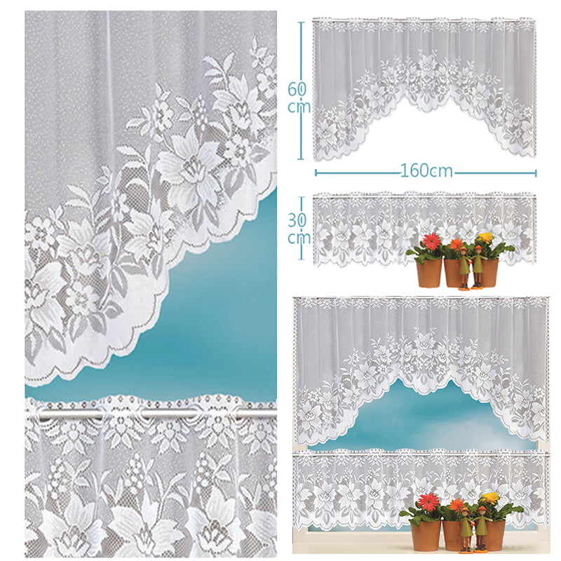 2PCS/Set White Lace Kitchen Home Window Cafe Curtain w Scallope Edge 160cm Wide