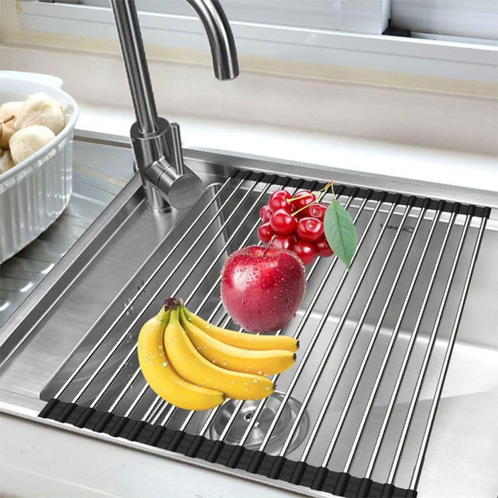 Sink Draining Rack with Roll Up Steel Rods