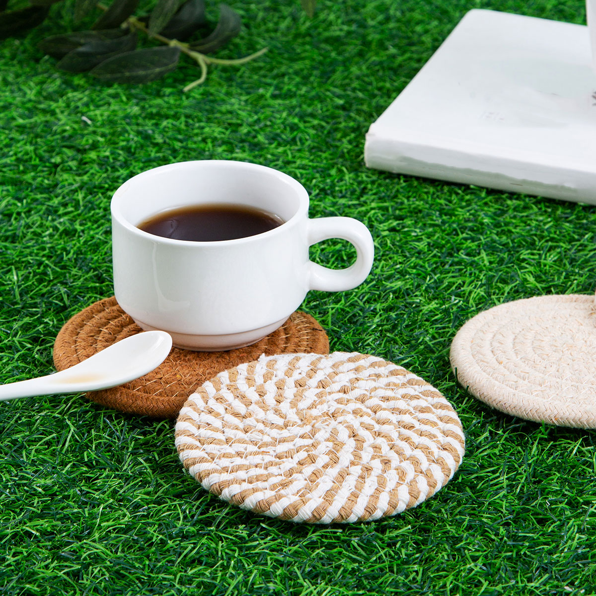 Round Cotton Woven Coaster Heat Resistant Dining Table Mat Set of 8
