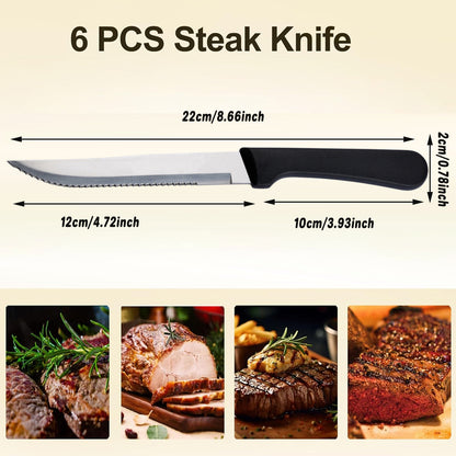 6pcs Stainless Steel Steak Knife Set With Black Handle for Kitchen Dining