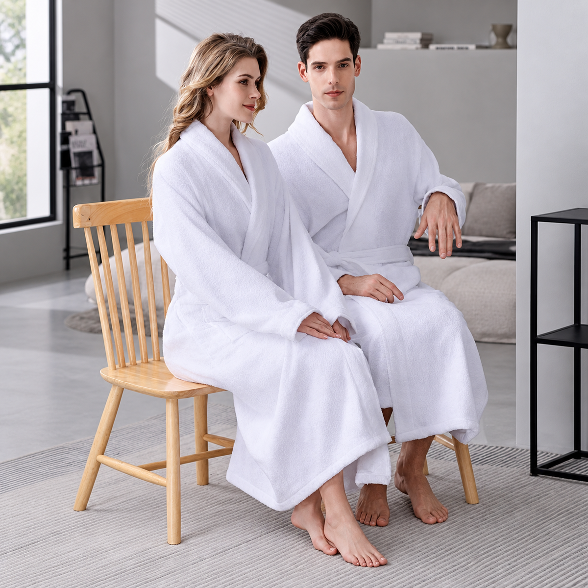 Guests wearing long white cotton hotel bathrobes in a premium room