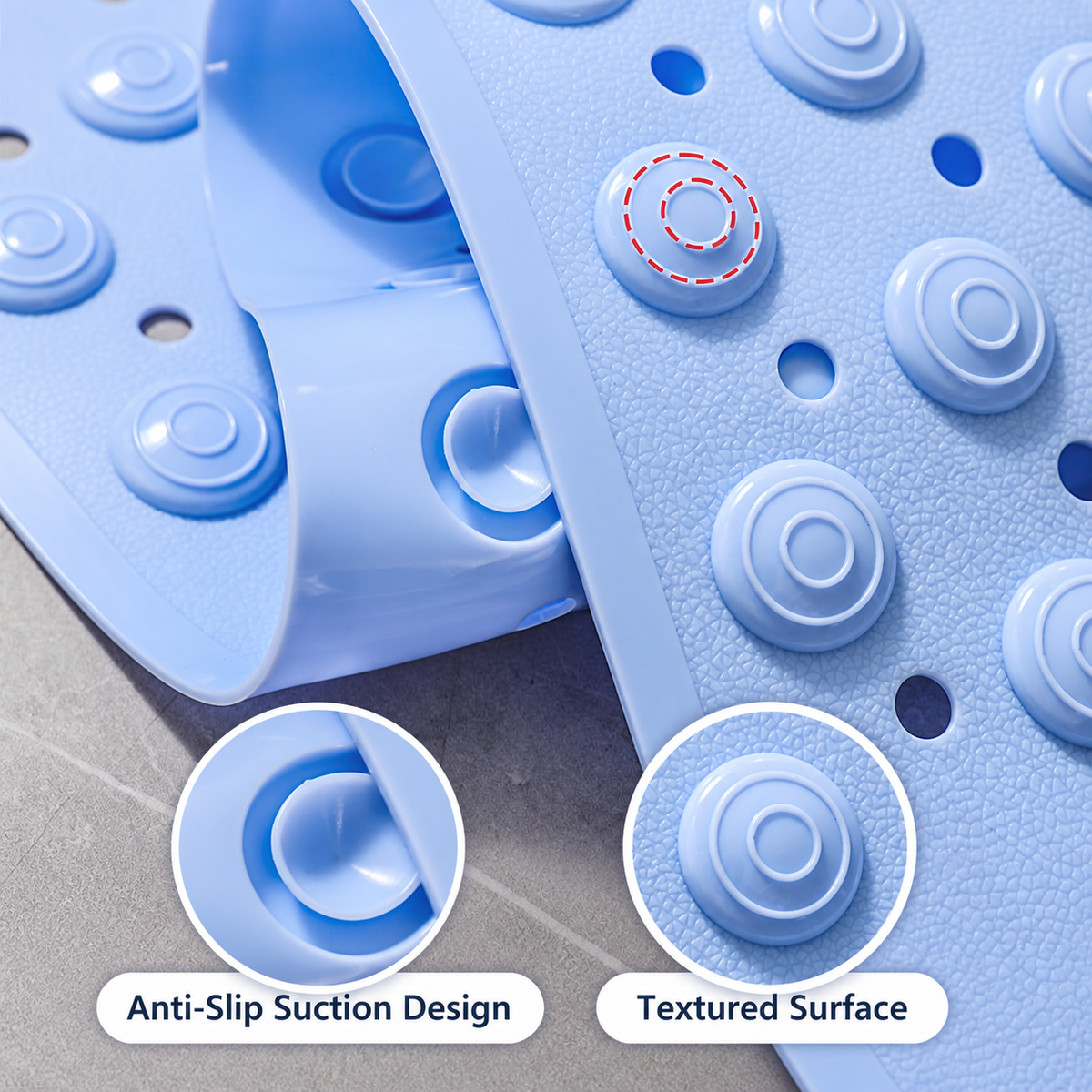 Blue non-slip bath mat suction design and textured surface detail