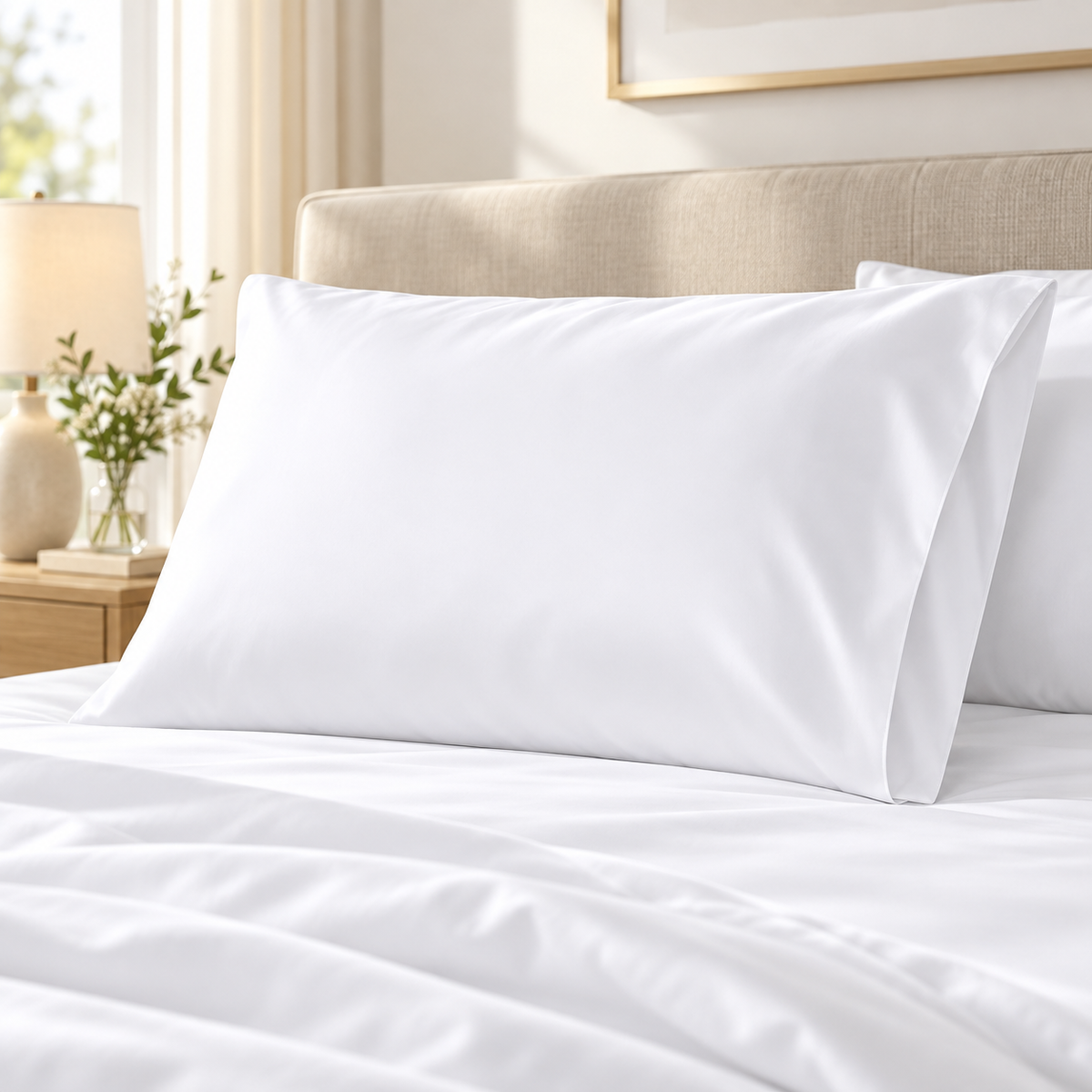 White cotton sateen hotel pillowcase styled in a bright premium guest room