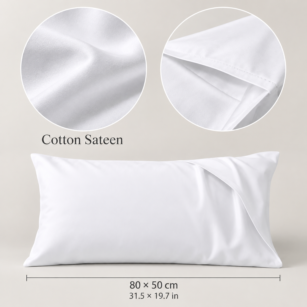 White cotton sateen pillowcase fabric detail and 80 by 50 centimetre size guide