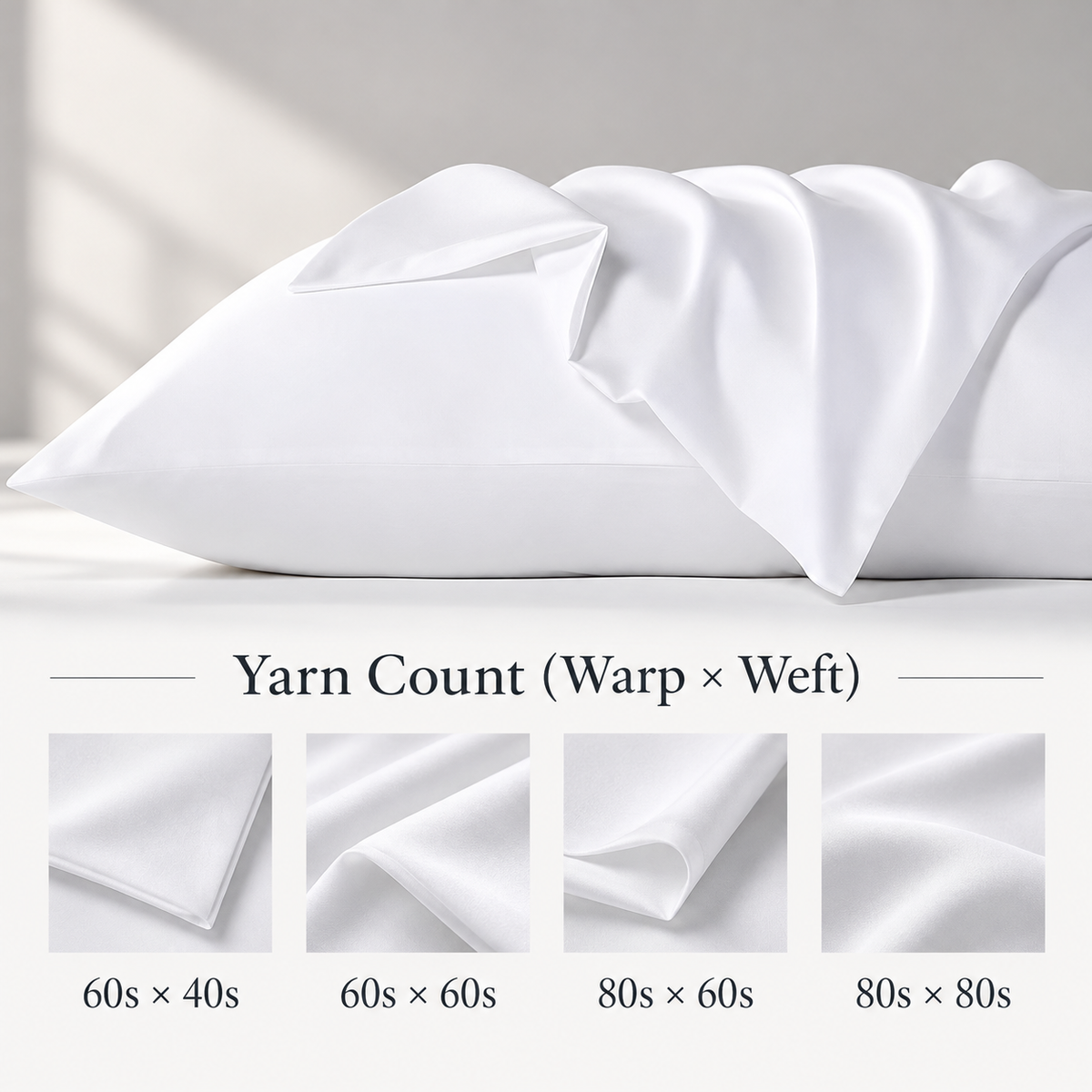 White cotton sateen pillowcase yarn count options shown by warp and weft