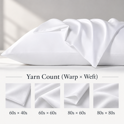 White cotton sateen pillowcase yarn count options shown by warp and weft