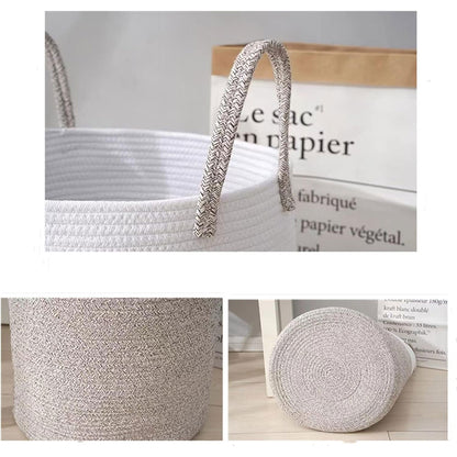Woven Cotton Rope Storage Basket Foldable Laundry Bin Bamboo Clothes Organizer