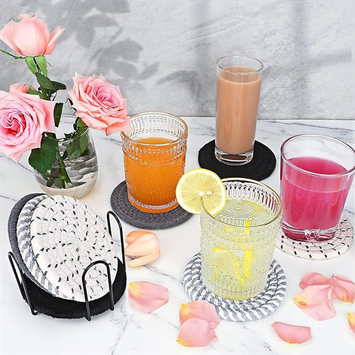 8pcs Woven Cotton Rope Coaster Set With Storage Rack for Coffee Tea