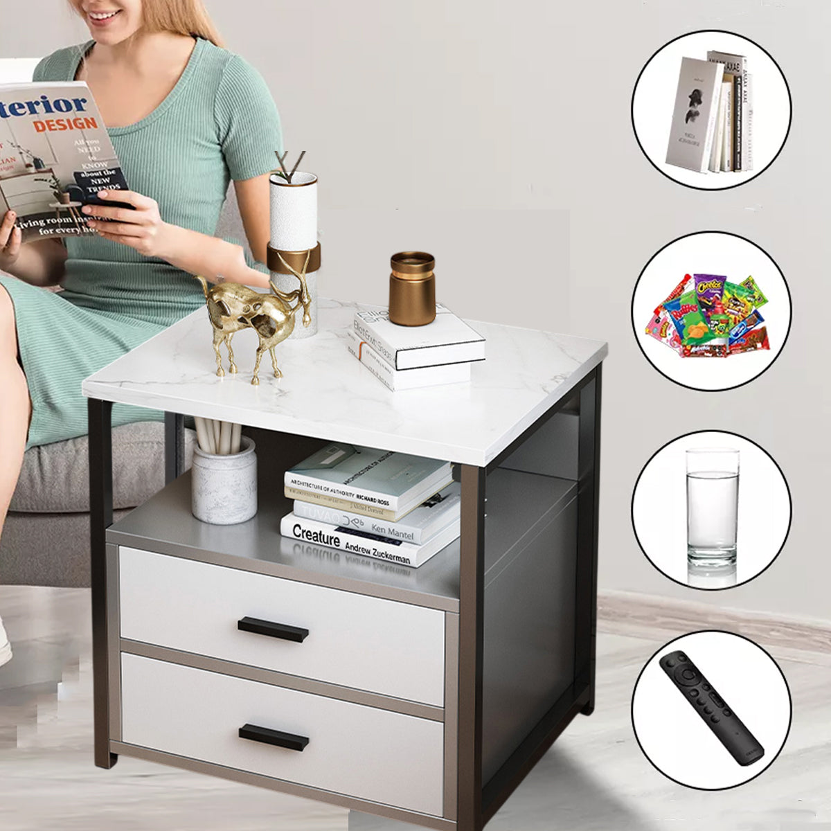 Marble-Look Bedside Table with Two Drawers Metal Frame