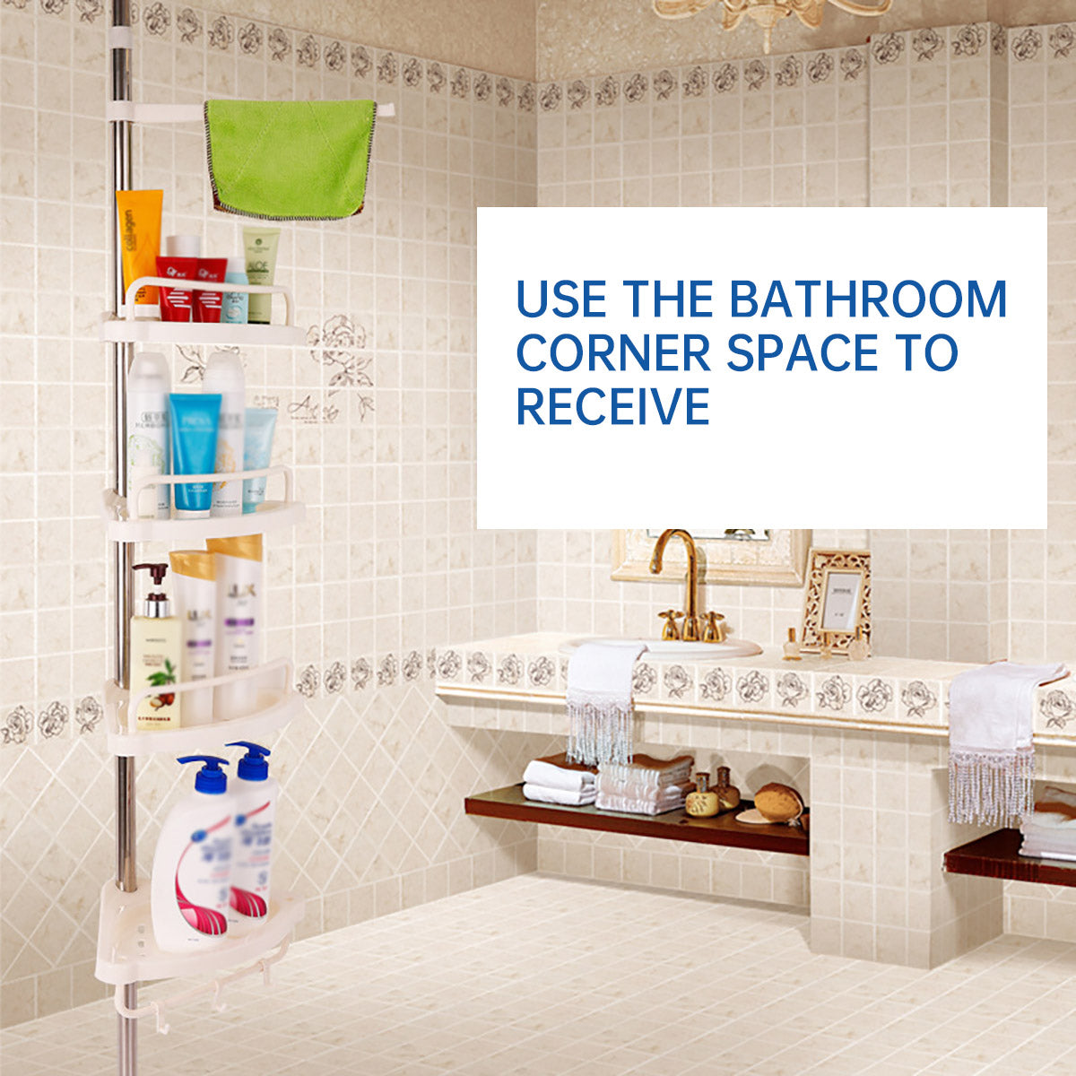 Retractable Tripod Bathroom Storage Shelf Tension Rod